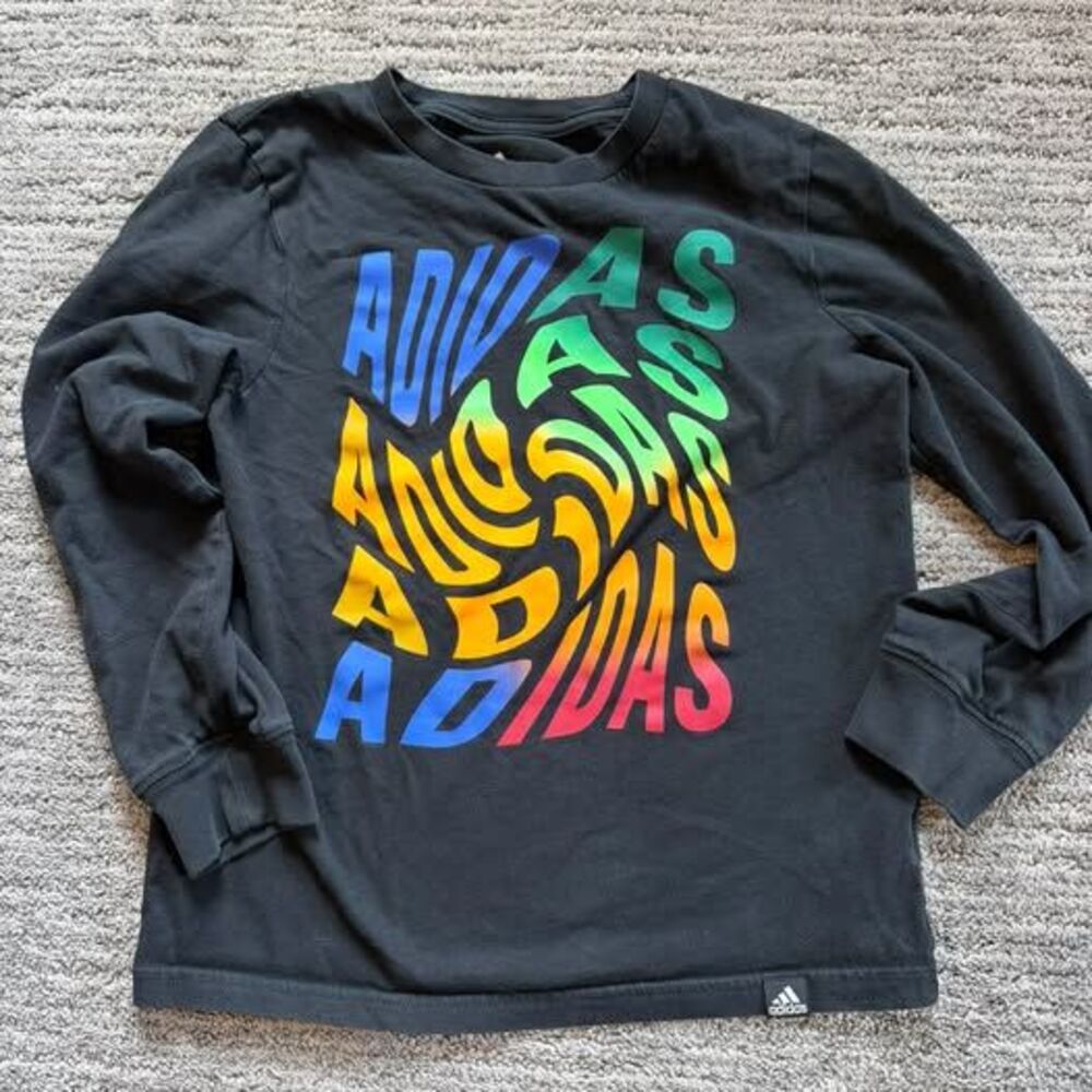Adidas Boys Long Sleeve Graphic Tee Shirt Black Rainbow Swirl Wave Size 6